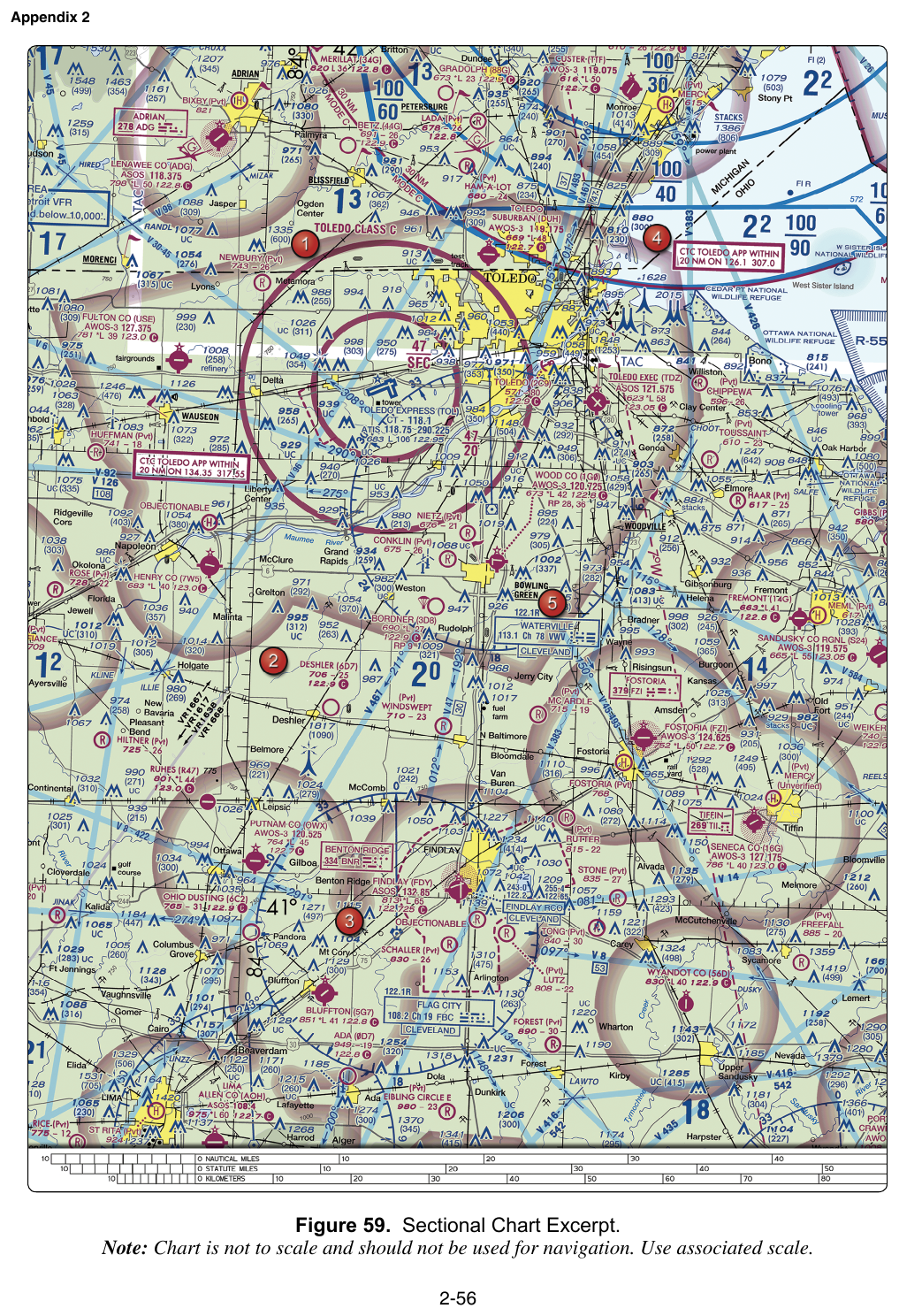FAA testing-supplement Figure 59: sectional excerpt whose gray VR-numbered lines are military training routes
