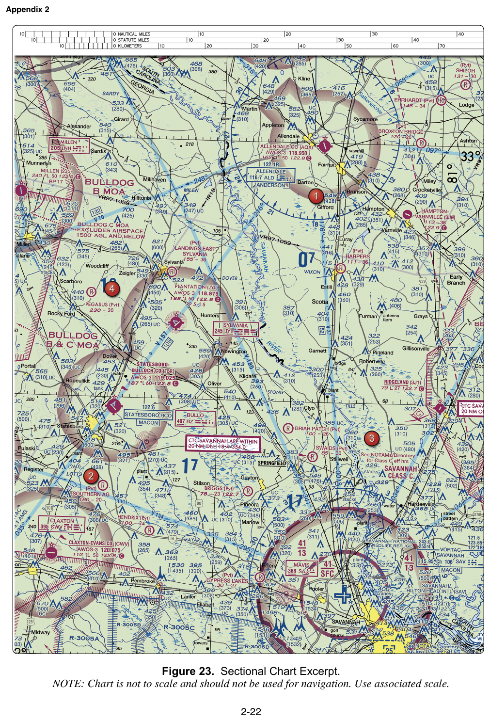 FAA testing-supplement Figure 23: sectional chart excerpt with Class C rings and airspace floors
